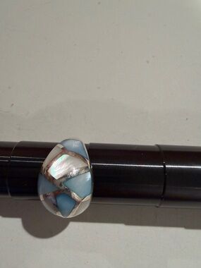 Enamel Mosaic Dome Ring 
Blue  and White